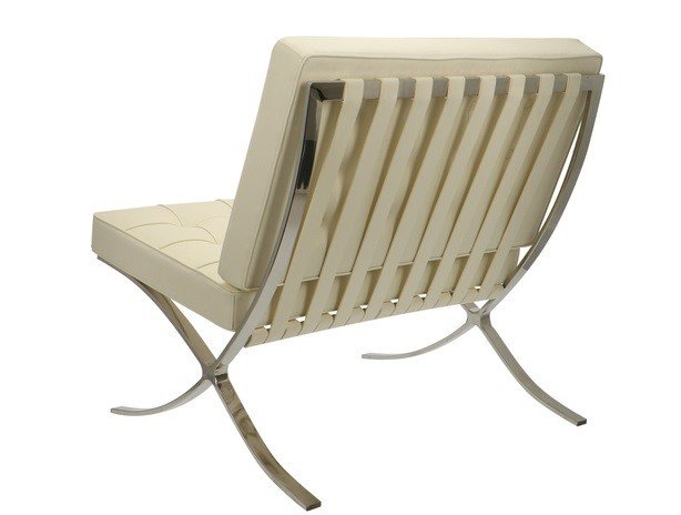 Rear view of a neutral cream Barcelona lounge chair, single leather back panel on the X-frame.