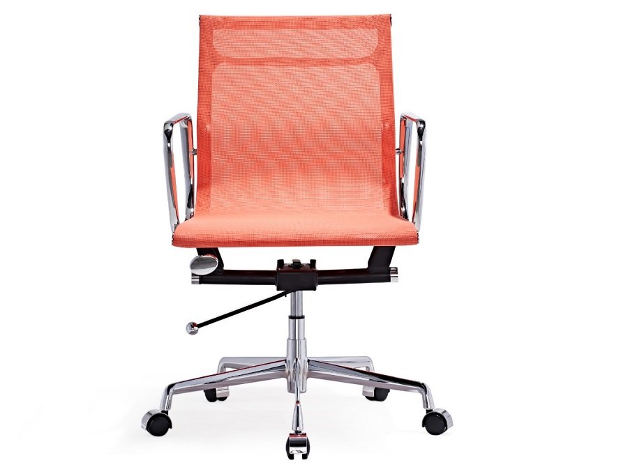 Close-up of the orange mesh weave on an office chair, tensioned across the sculpted back.
