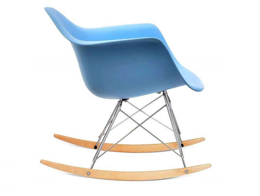 RAR rocking chair replica in light blue seen from the side, maple rockers and reclined shell.