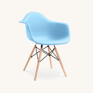 Replica Eames DAW Eiffel chair in light blue, moulded shell with arms on beech legs, set of 2, front view.