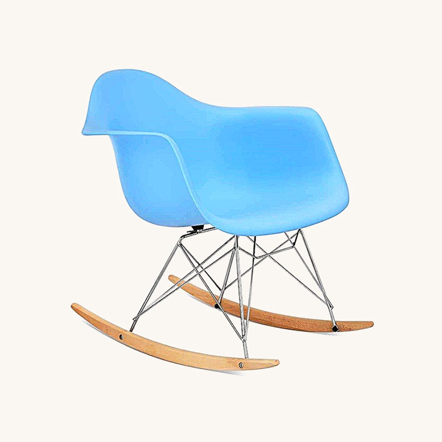Light blue Eames rocking chair replica with a moulded shell, chrome Eiffel base and maple rockers, front view.