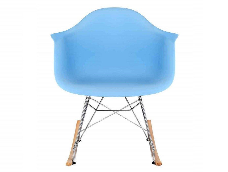 Close-up of the light blue moulded shell on a rocking Eames chair, wipe-clean finish.