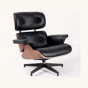 Rosewood Eames lounge chair replica in black leather, sold without ottoman, front view