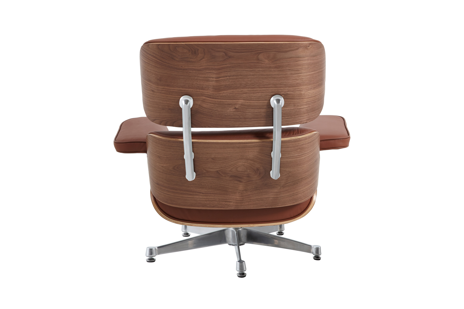 Walnut veneer shell of a tan Eames lounge chair, warm grain shown next to the chrome frame back view