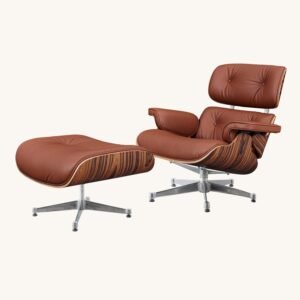 Tan Eames style chair and ottoman with a rosewood shell, warm tan leather shown from the front.