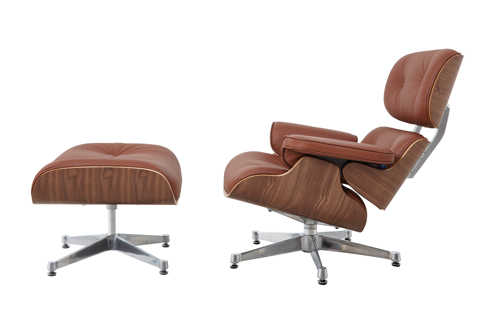 Tan Eames style lounge chair in tan walnut with a chrome base, side profile showing the recline.