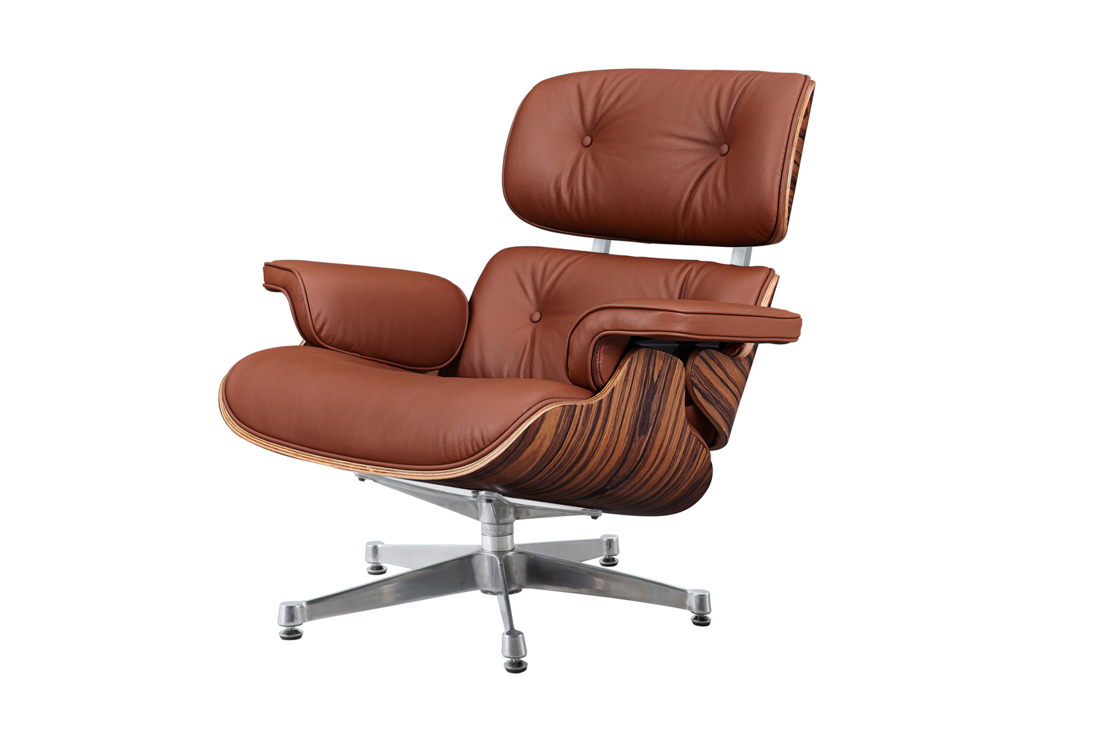 Close-up of tan leather Eames chair cushions, showing hand-sewn seams and welted edges.