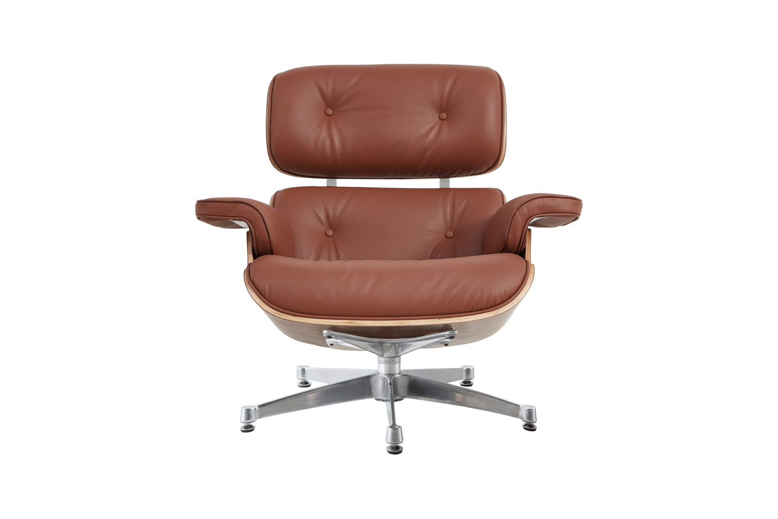 Close-up of a tan leather Eames chair, showing the piped edges and hand-sewn cushion seams.