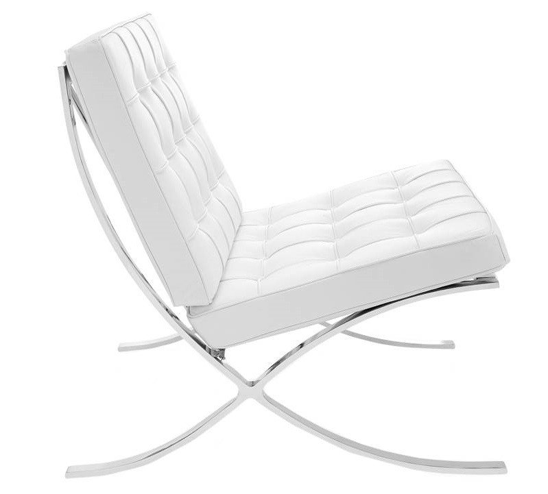 White Barcelona chair seen from the side, clean leather against the mirror-polished X-frame.