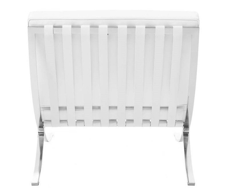 Rear view of a white Barcelona chair replica, single leather back panel on the X-frame.