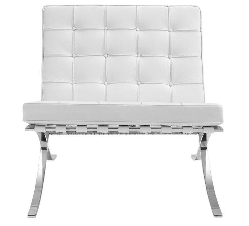 White Barcelona chair replica with deep-buttoned leather tufting on a polished steel X-frame, front view.