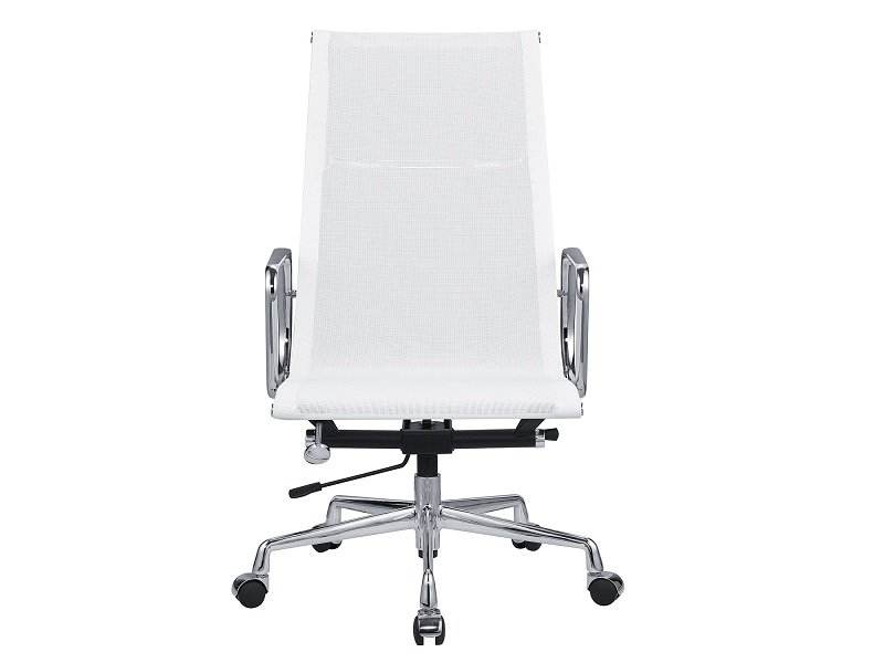 Close-up of the tall white mesh weave on a high-back office chair, tensioned across the back.