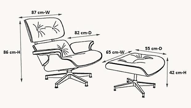 Eames style lounge chair and ottoman dimensions diagram in centimetres