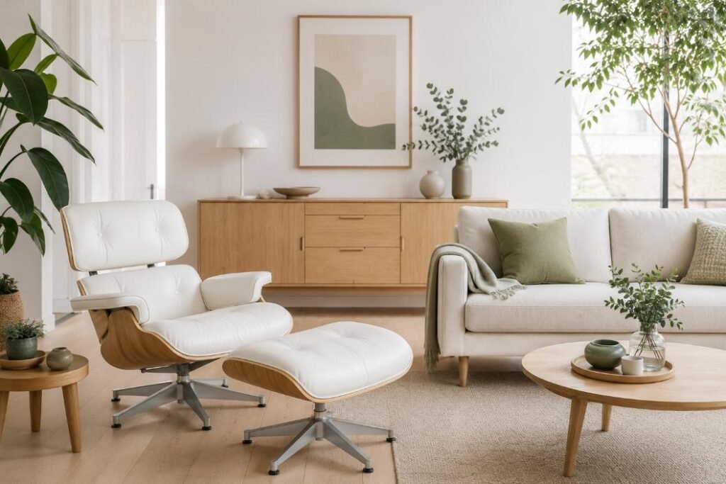 Light Scandinavian mid-century modern living room with pale wood and sage accents