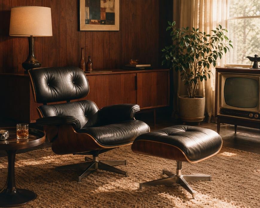 A mid-century lounge chair styled in a 1950s living room setting