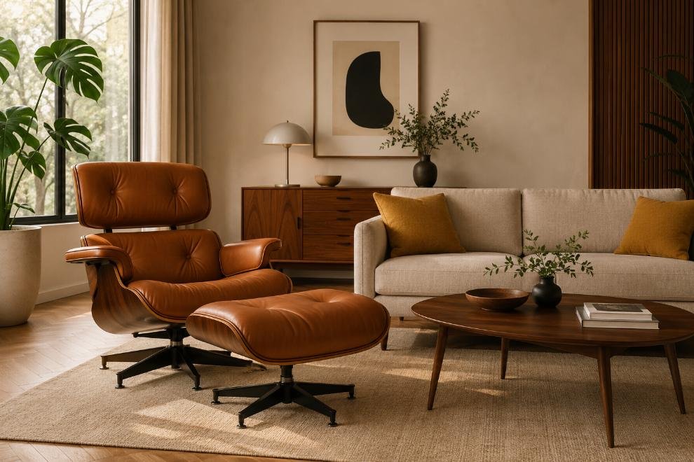 Mid-century modern living room with a cognac leather lounge chair and walnut furniture