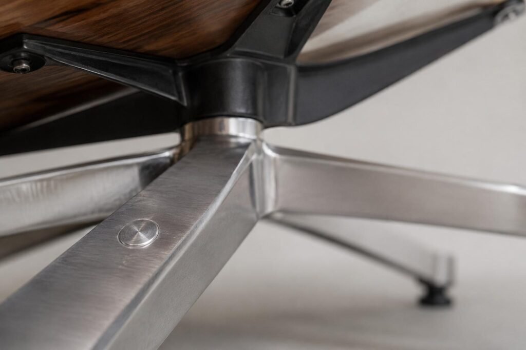 Authenticity medallion on the underside of an original Eames lounge chair