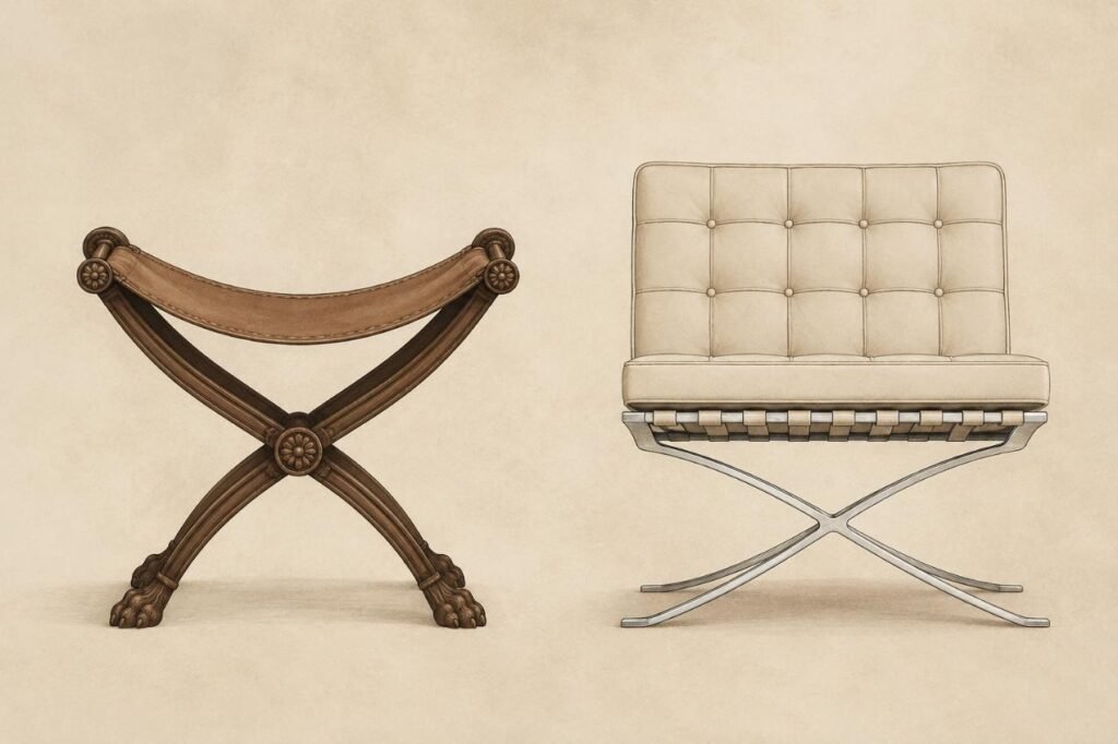 The Barcelona chair X-frame compared to an ancient Roman curule chair