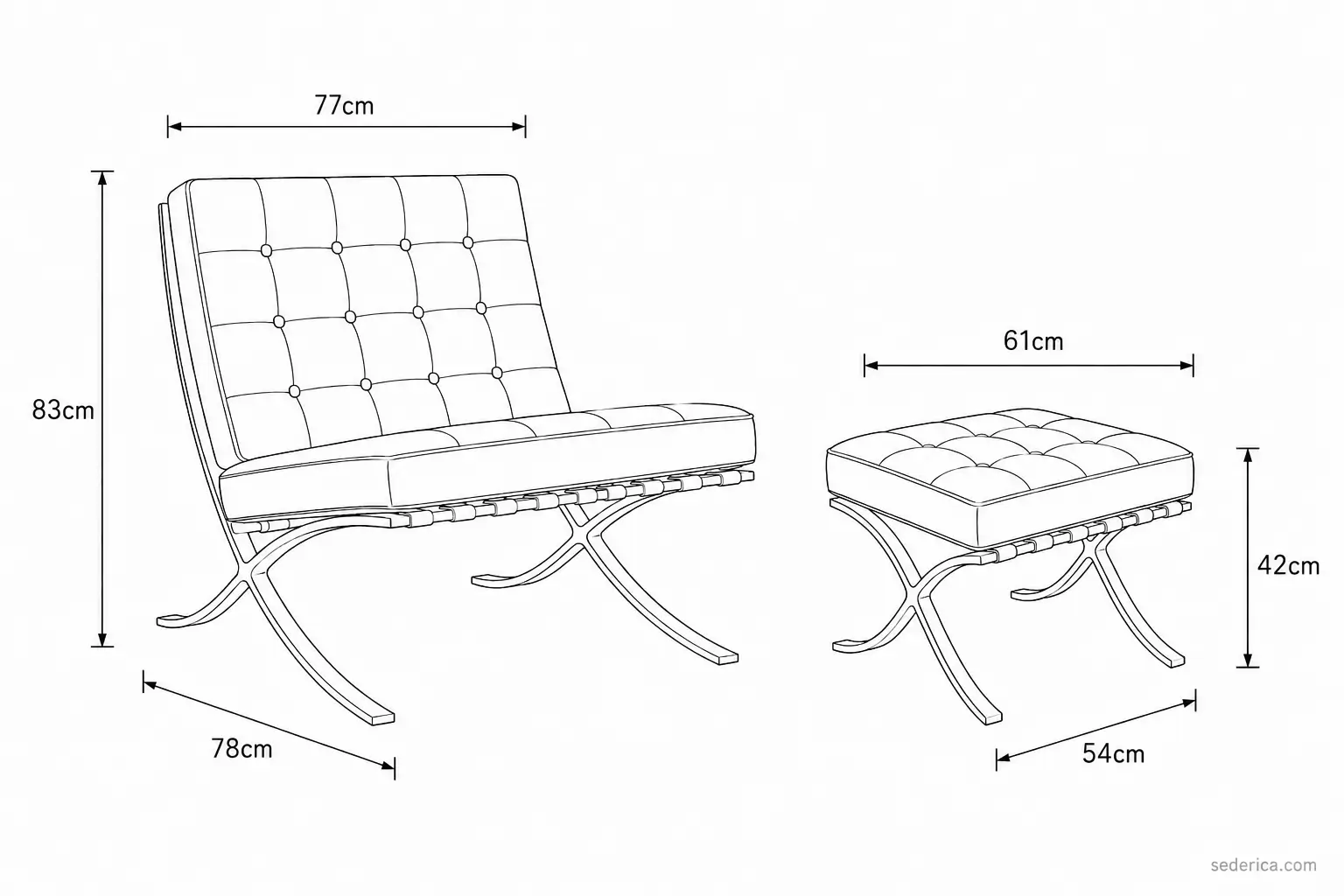 Barcelona Chair and Ottoman Dimensions - 77x78x83cm Chair, 61x54x42cm Ottoman | Sederica