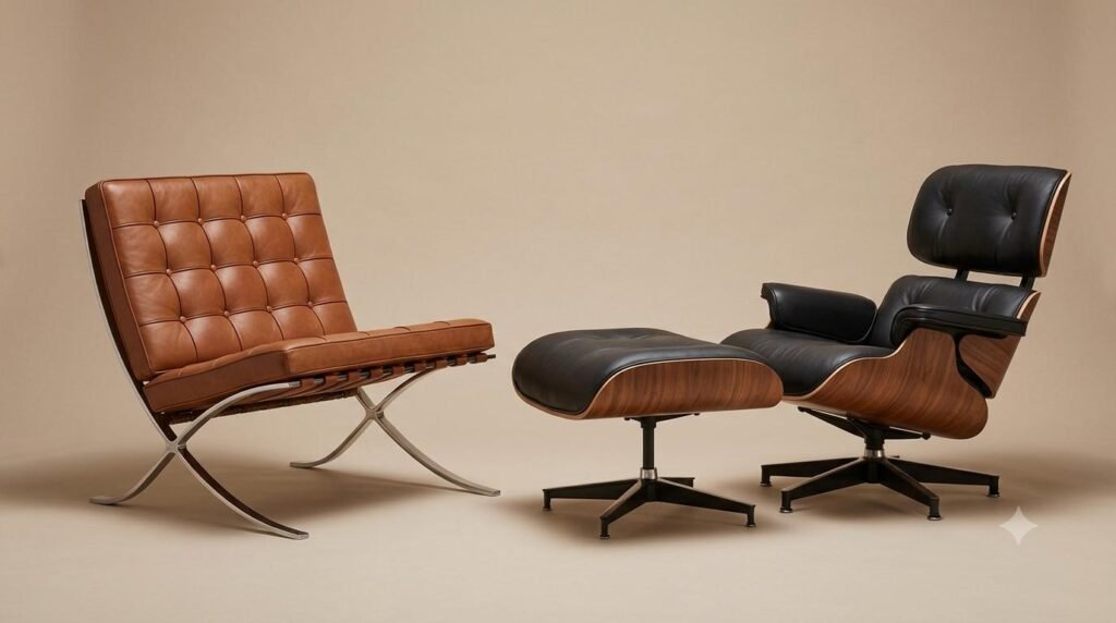 A Barcelona chair beside an Eames lounge chair for comparison