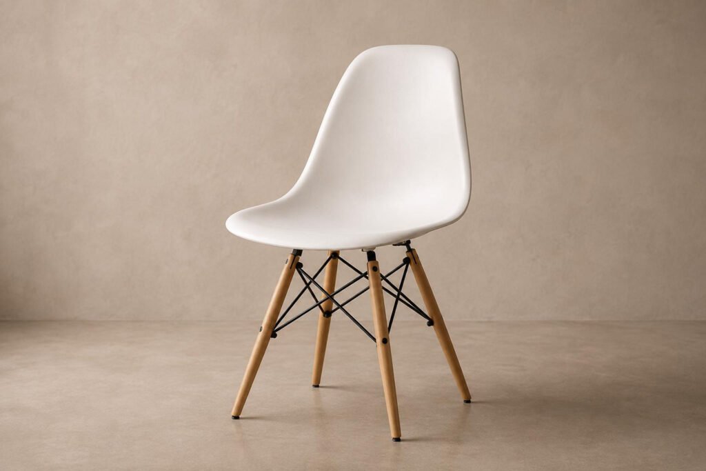 An Eames-style DSW shell chair on a wood dowel base