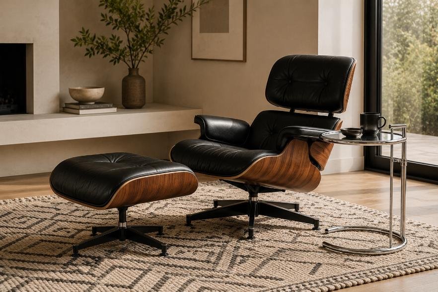 Eames lounge chair styled beside a E1027 Adjustable Side Table replica
