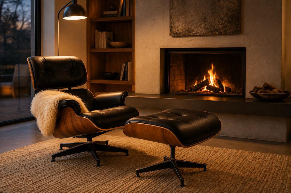 Eames lounge chair styled beside a fireplace