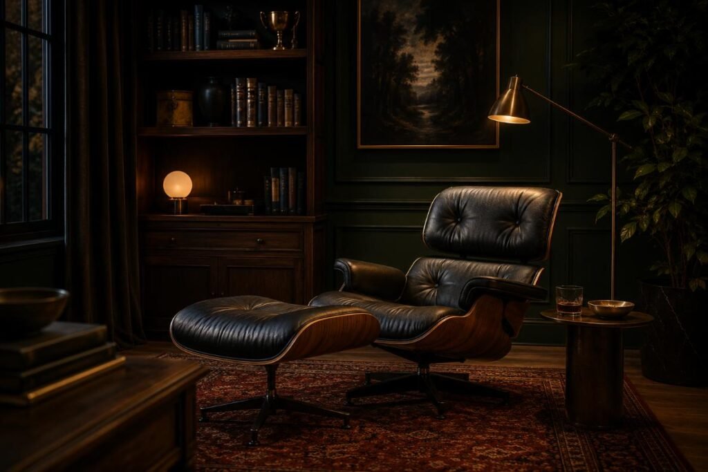Black walnut Eames lounge chair in a dark green study
