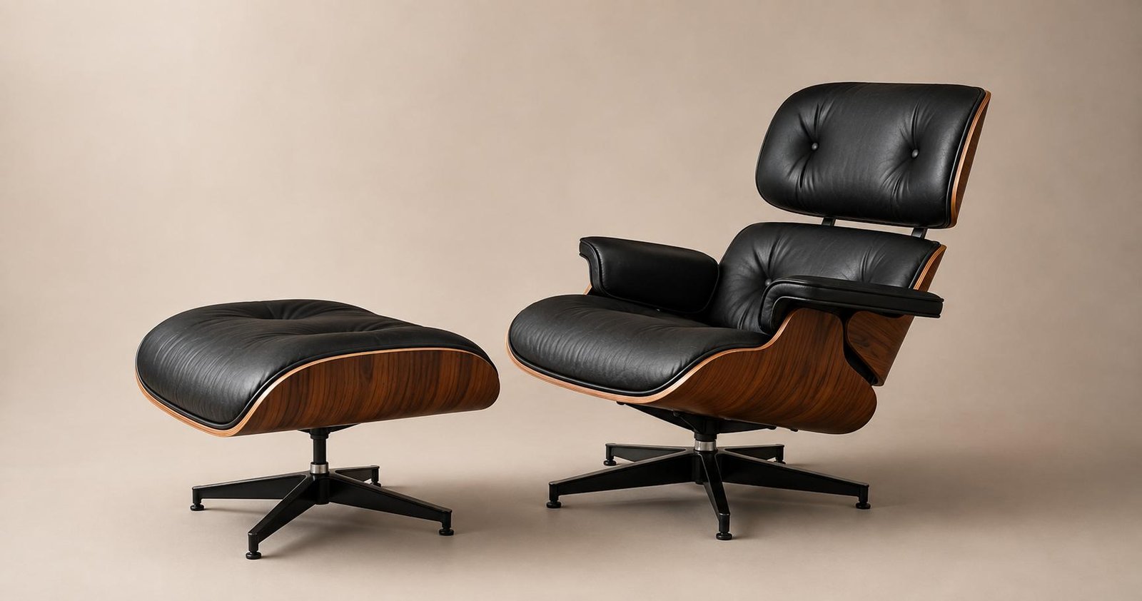 Featured image (1200×630): Prompt: "A black leather and walnut mid-century lounge chair with ottoman on a clean neutral background, warm editorial product photography, soft studio light, no text, no logos." Alt: Eames lounge chair price guide - original versus replica costs