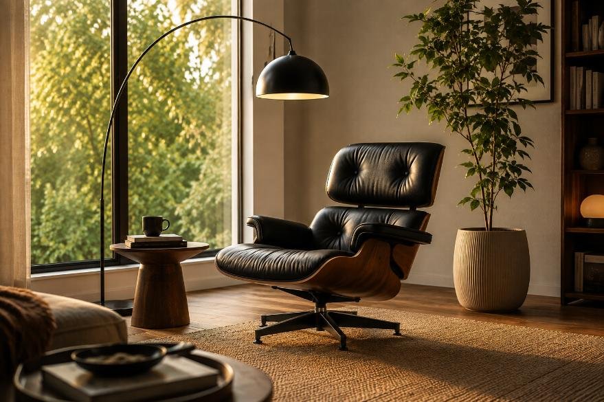 Black walnut Eames lounge chair in a window reading nook with an arc lamp