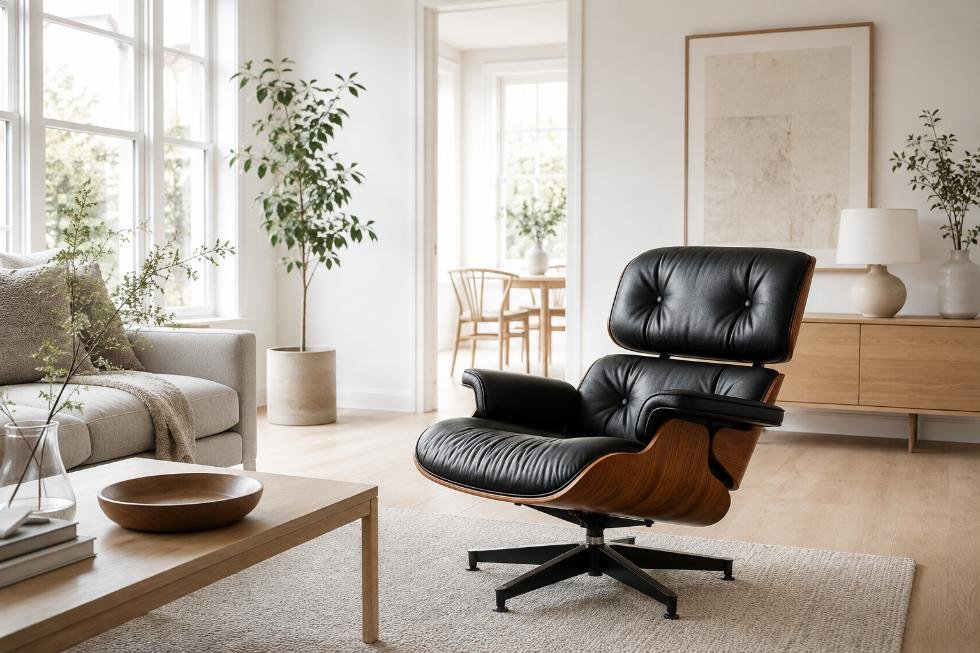 Black walnut Eames lounge chair as a statement in a bright Scandinavian room