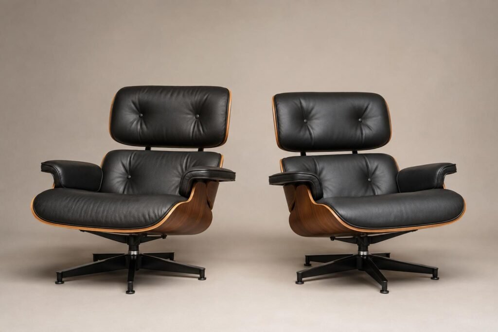 An honest Eames-style replica beside a genuine original