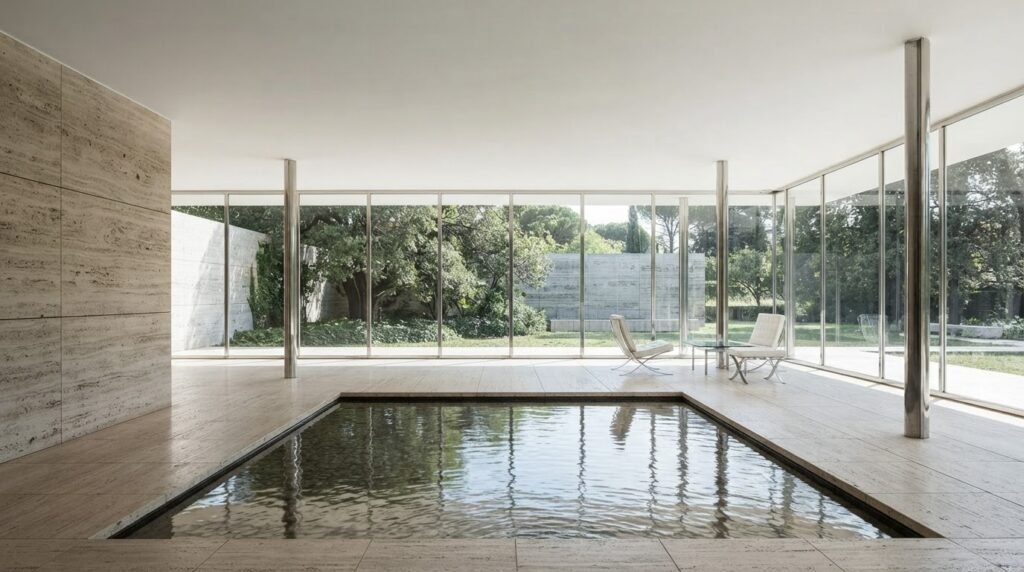A modernist pavilion of marble, glass and steel in the Mies van der Rohe style