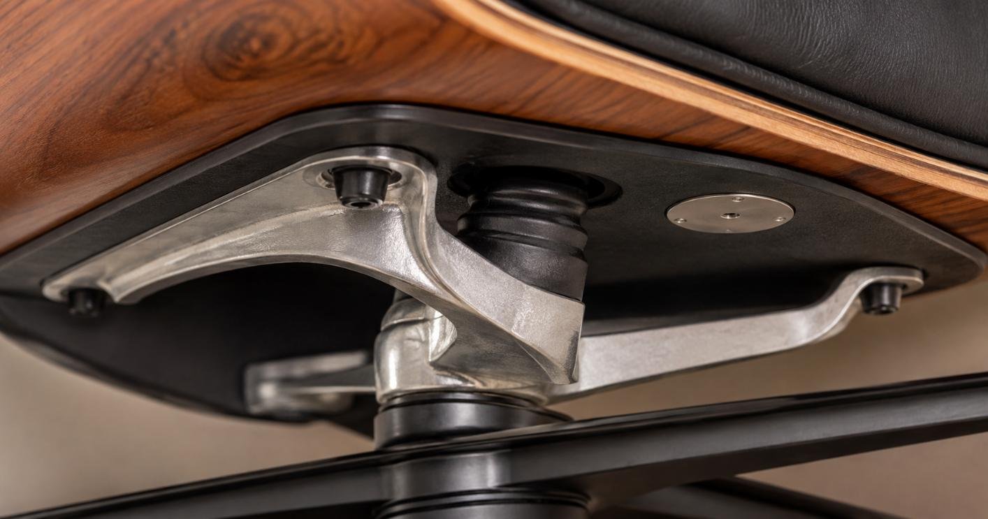 Checking the underside of an Eames lounge chair to spot a fake