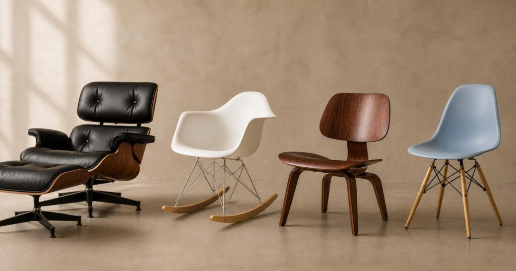 The main types of Eames chairs shown side by side