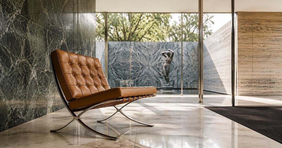 The 1929 Barcelona chair in a modernist pavilion setting