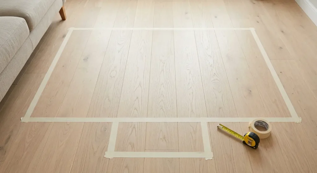Masking tape outline showing the floor space needed for a Barcelona chair and ottoman