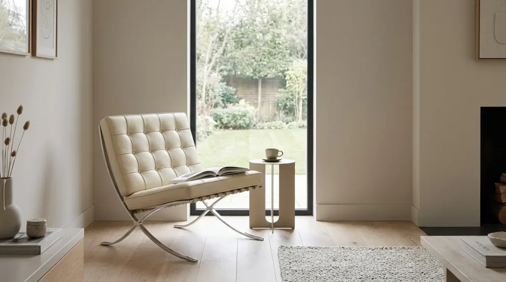Barcelona style chair by a window with an open book, set up for upright reading