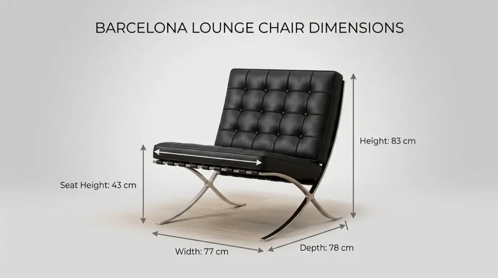 Barcelona chair dimensions, 75 × 76 × 75 cm with a 43 cm seat height, for room planning