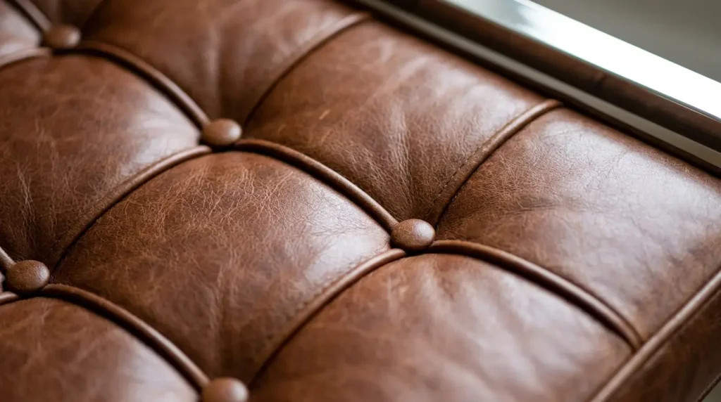 Close-up of hand-tufted leather panels and buttons on a Barcelona style chair cushion