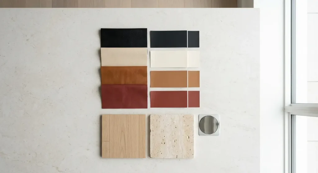 Barcelona chair leather colours shown against matching wall and floor samples