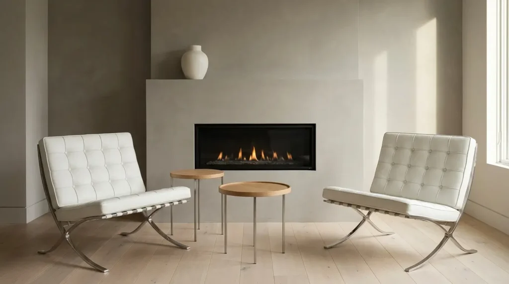 Two white Barcelona chair replicas flanking a fireplace, angled into the room