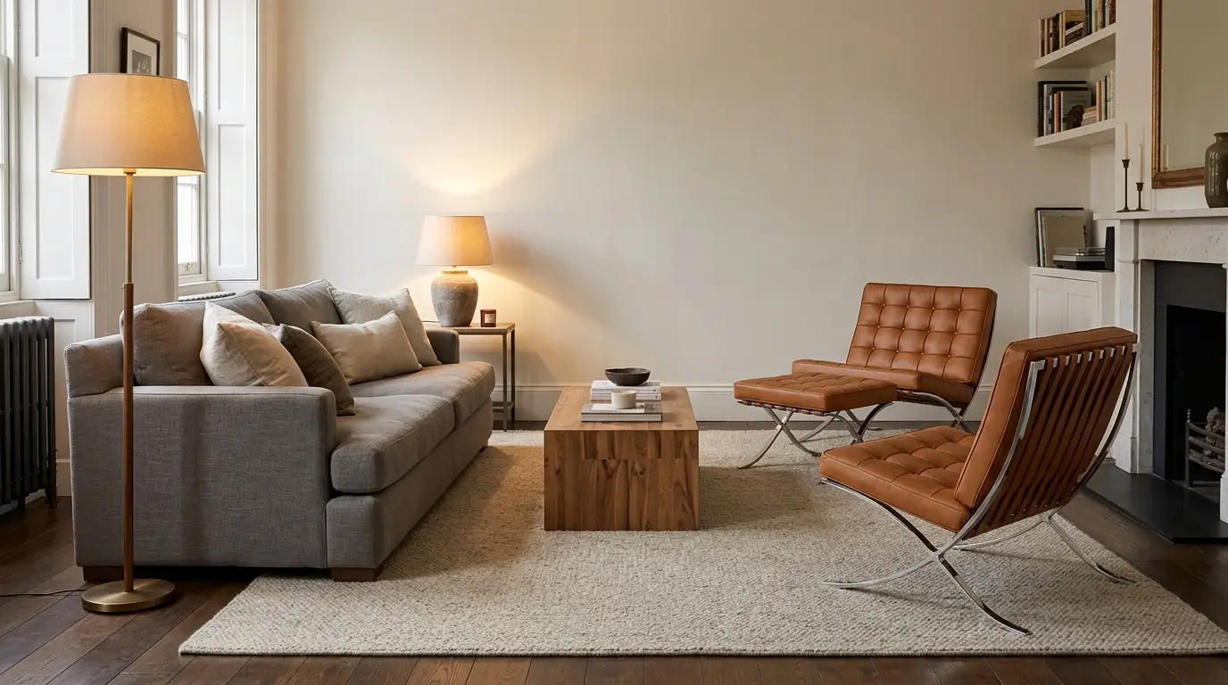 Tan Barcelona style chair and ottoman beside a grey sofa and low coffee table
