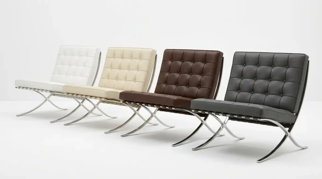 Barcelona chair replicas in white, cream, chocolate brown and dark grey leather in a studio