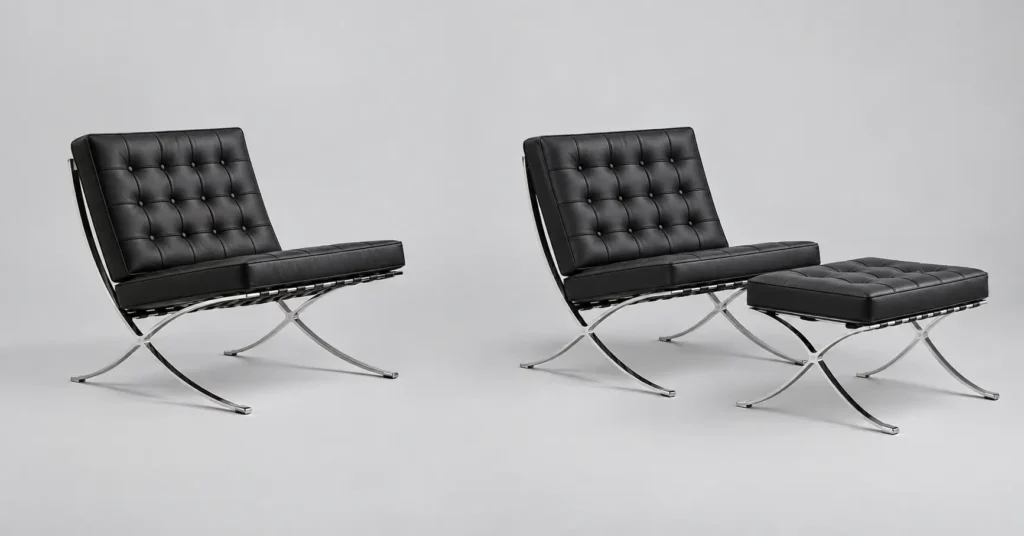 Single Barcelona chair compared with a Barcelona chair and ottoman set in a studio