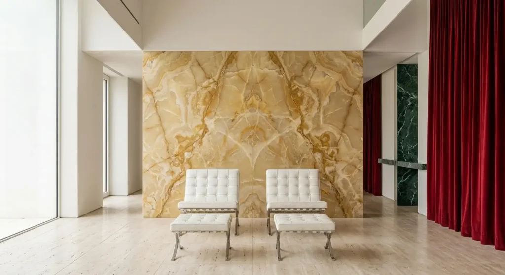 Barcelona chairs in front of a golden onyx wall, inspired by the 1929 pavilion