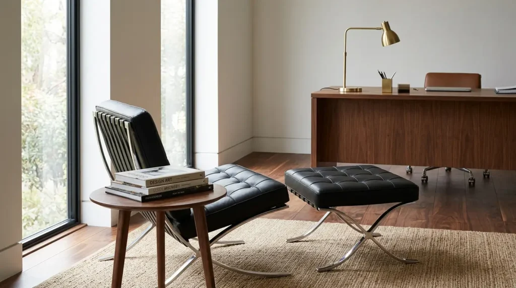 Black leather Barcelona chair in a home office seating corner with walnut floor