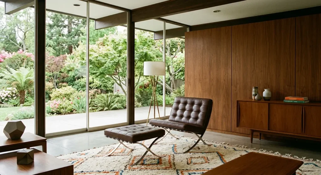 Chocolate brown Barcelona style chair and ottoman in a mid-century living room with walnut panelling