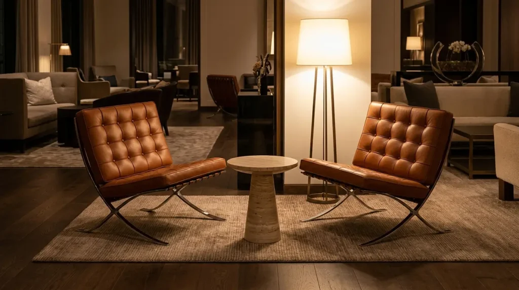 Two cognac Barcelona chairs angled around a round travertine table, hotel style