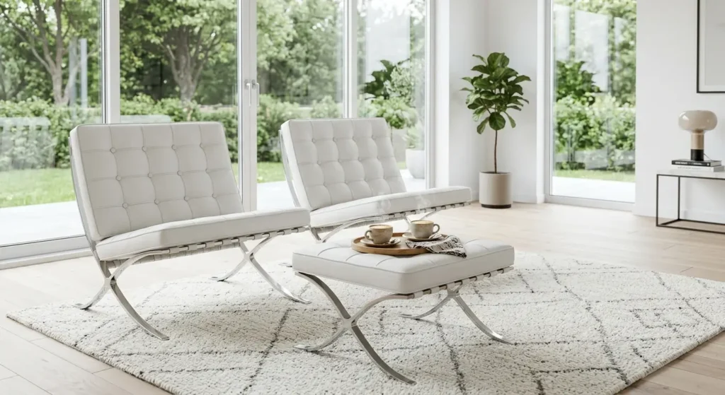 Two white Barcelona style chairs sharing one ottoman in a bright living room
Title: Pair of Barcelona chairs with a shared ottoman